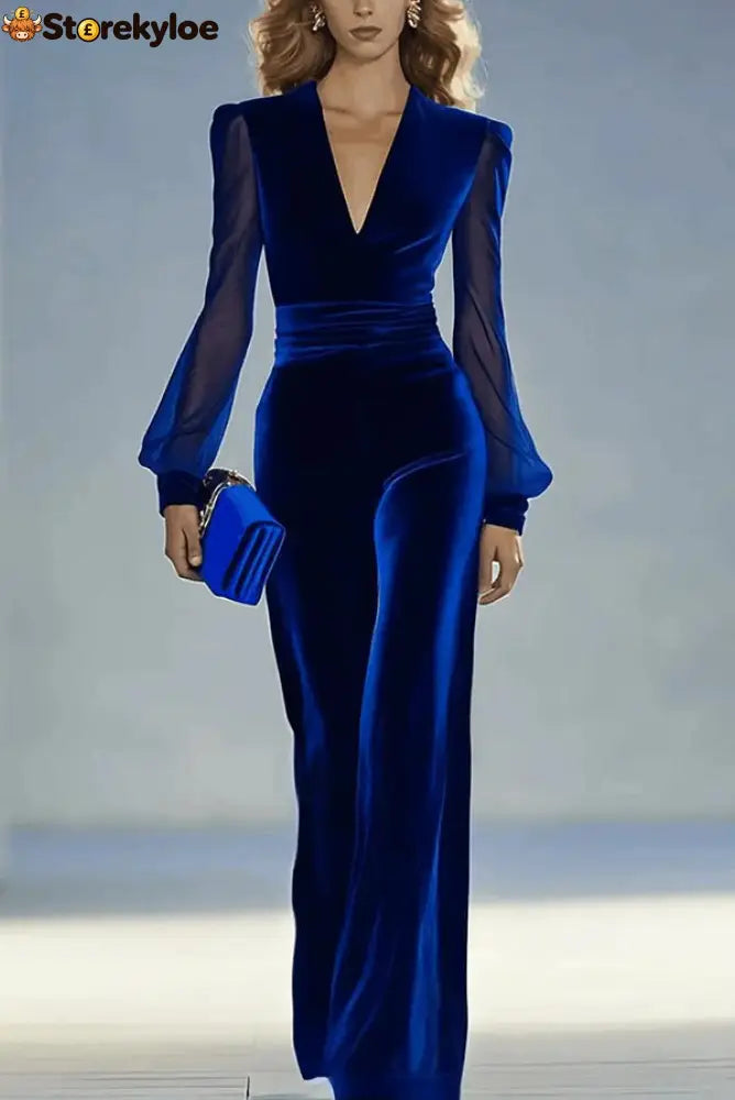 Solid Color Velvet V-neck Long-sleeved Elegant Fitted Jumpsuit