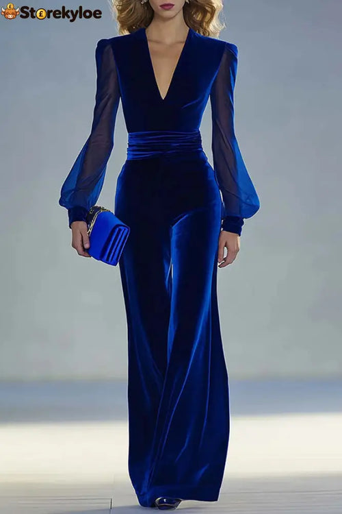 Solid Color Velvet V-neck Long-sleeved Elegant Fitted Jumpsuit - Blue / XS