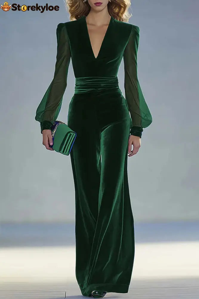 Solid Color Velvet V-neck Long-sleeved Elegant Fitted Jumpsuit - Green / XS