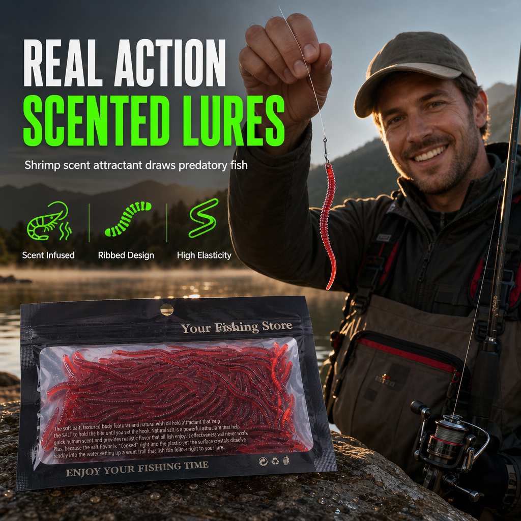 🎣 Save 48%! 🪱 Soft Earthworm Lures – Shrimp scent, 100 pack ✨