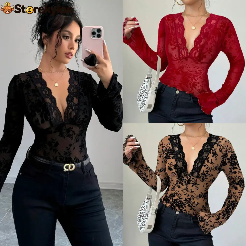 Spring 2026 new women’s V-neck lace mesh horn sleeve T-shirt top women