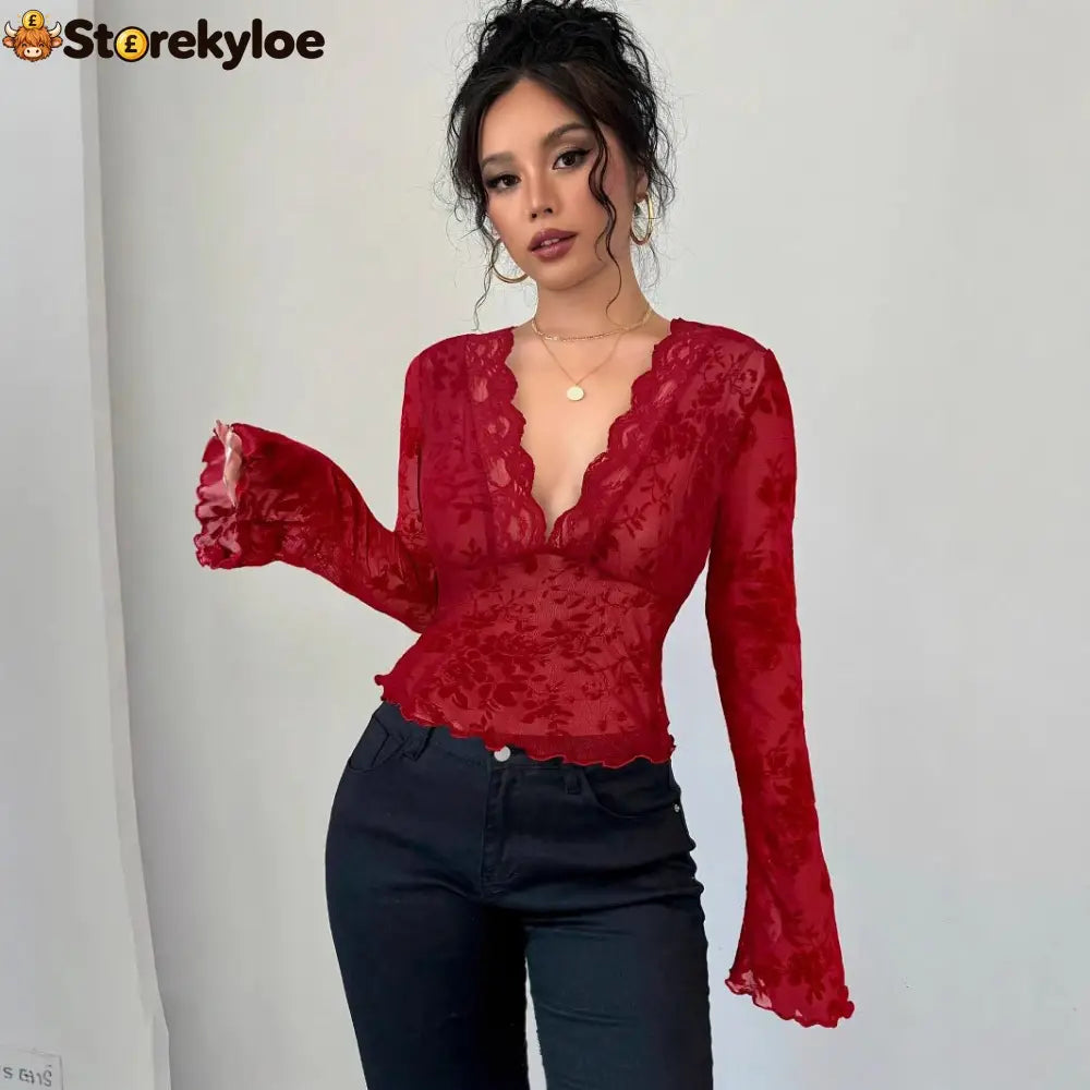 Spring 2026 new women’s V-neck lace mesh horn sleeve T-shirt top women
