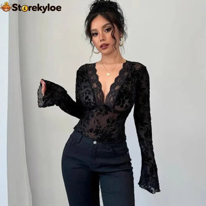 Spring 2026 new women’s V-neck lace mesh horn sleeve T-shirt top women - black / S