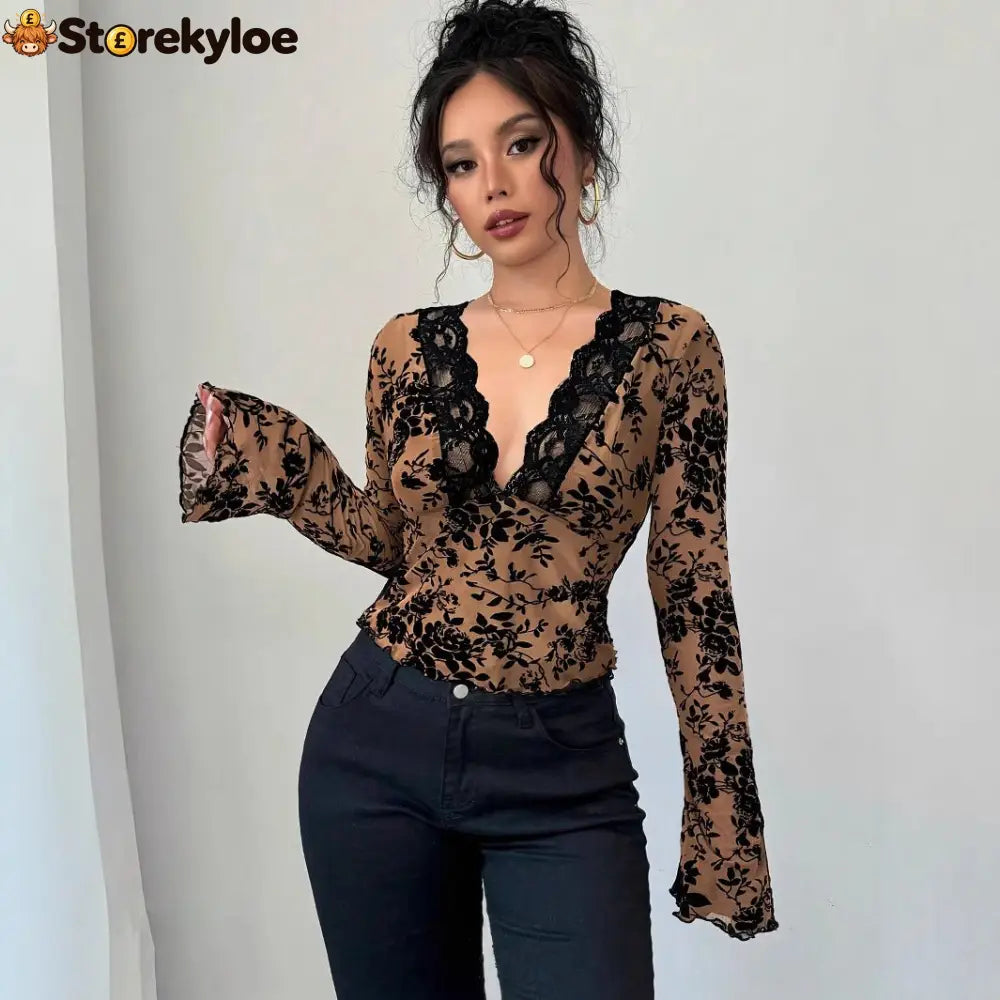 Spring 2026 new women’s V-neck lace mesh horn sleeve T-shirt top women - khaki / S