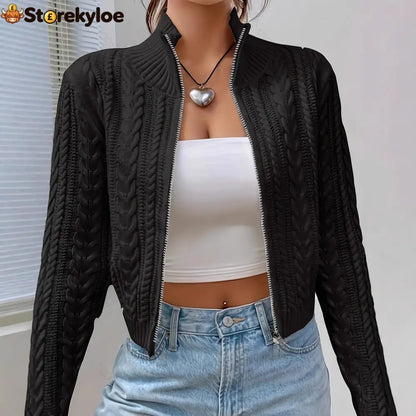 Stand Collar Full Zip Cable Knit Cropped Long Sleeve Knitted Cardigan Jacket - Black / S