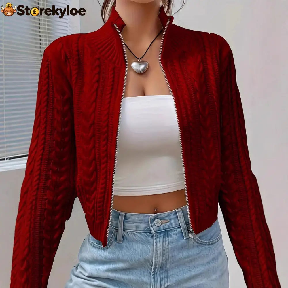 Stand Collar Full Zip Cable Knit Cropped Long Sleeve Knitted Cardigan Jacket - Claret / S