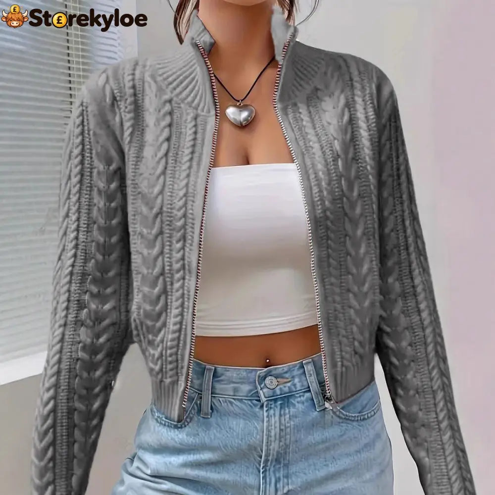 Stand Collar Full Zip Cable Knit Cropped Long Sleeve Knitted Cardigan Jacket - Grey / S