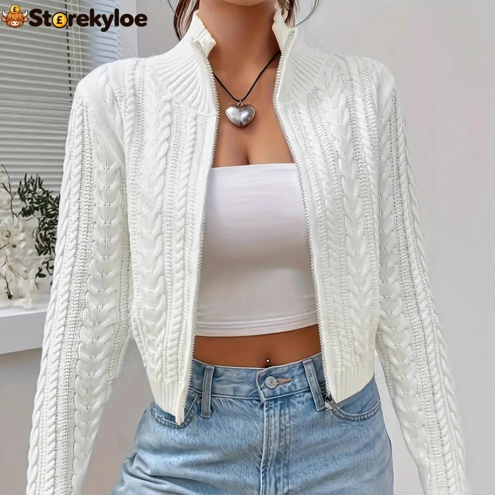 Stand Collar Full Zip Cable Knit Cropped Long Sleeve Knitted Cardigan Jacket - White / S