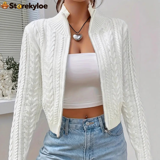 Stand Collar Full Zip Cable Knit Cropped Long Sleeve Knitted Cardigan Jacket - White / S