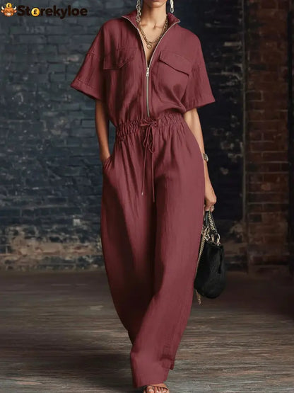 Stand Collar Sleeveless Casual Loose Cotton And Linen Jumpsuit - Claret / S
