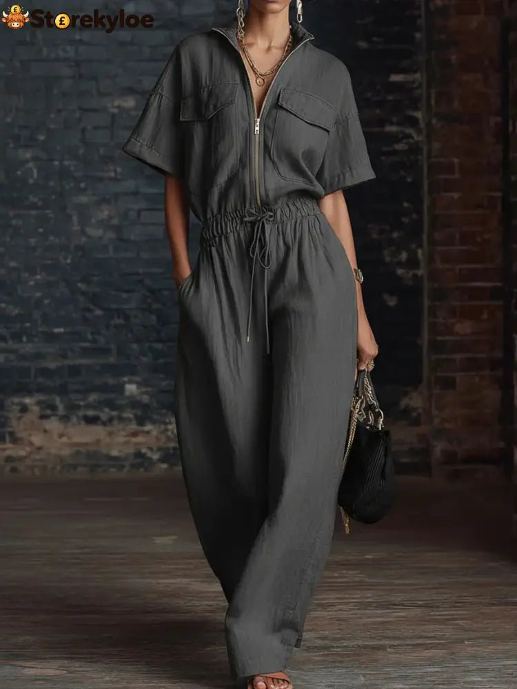 Stand Collar Sleeveless Casual Loose Cotton And Linen Jumpsuit - Grey / S