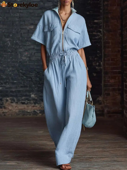 Stand Collar Sleeveless Casual Loose Cotton And Linen Jumpsuit - Sky blue / S