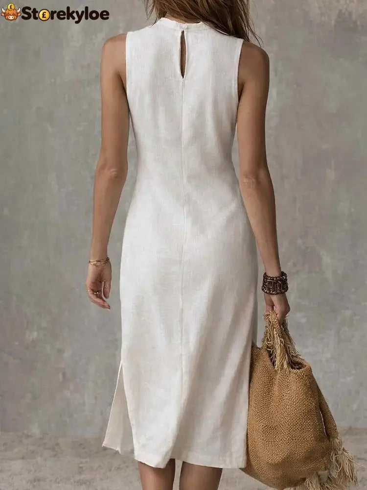 Stand-collar Split-hem Cotton And Linen Midi Dress - Dresses