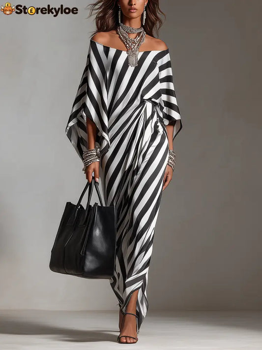 Statement Monochrome Stripe Asymmetric Maxi Dress - black and white / XS