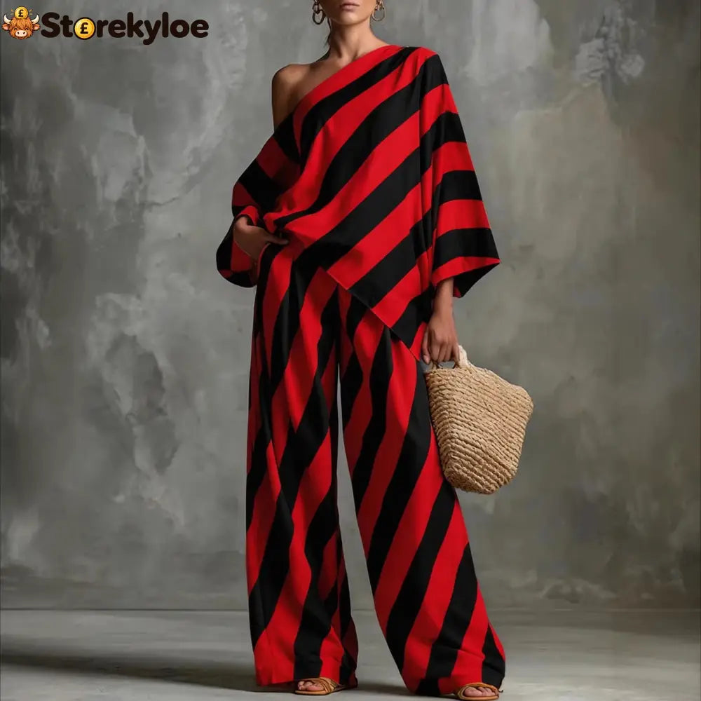 Striped Asymmetric Top & Wide-Leg Pants Set