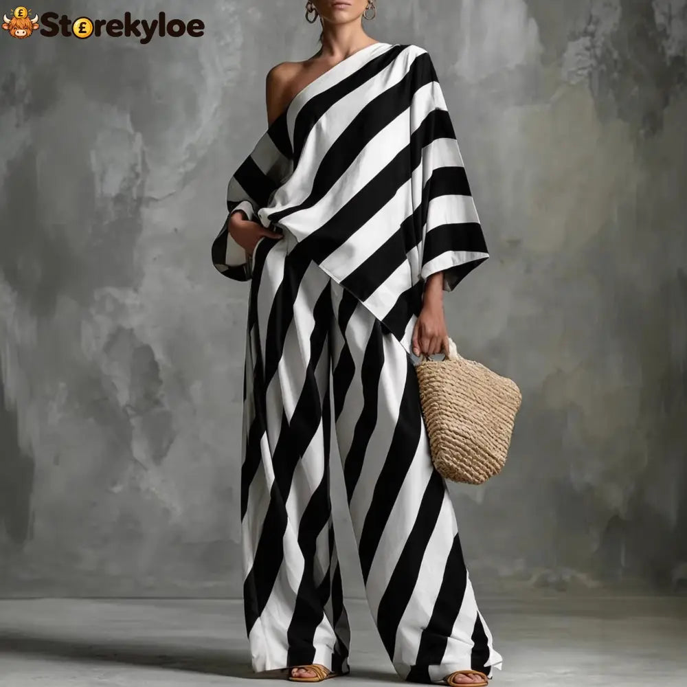 Striped Asymmetric Top & Wide-Leg Pants Set