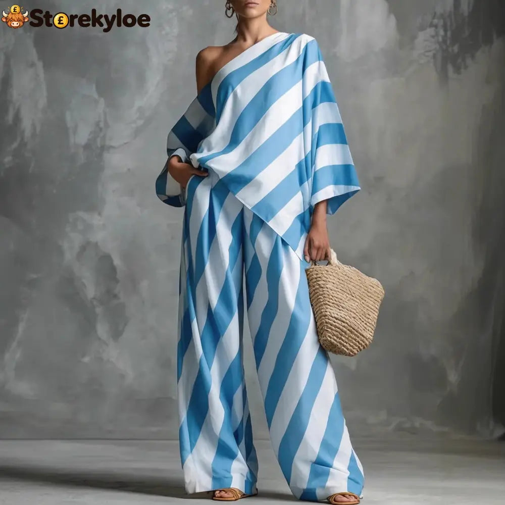 Striped Asymmetric Top & Wide-Leg Pants Set