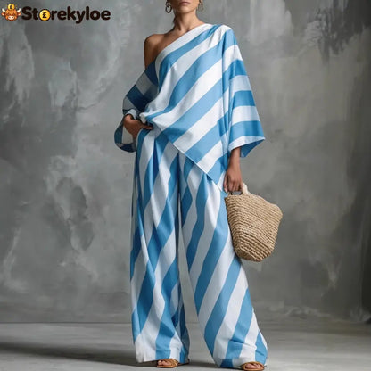 Striped Asymmetric Top & Wide-Leg Pants Set
