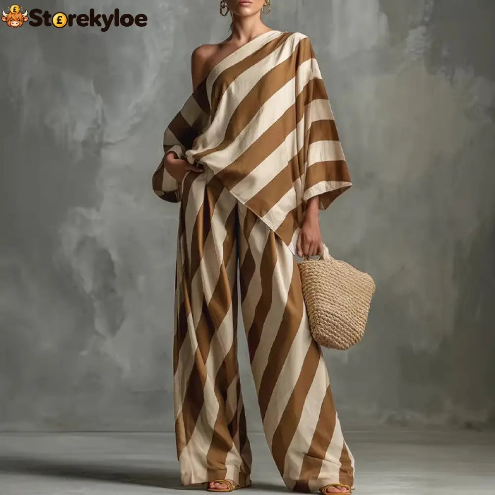 Striped Asymmetric Top & Wide-Leg Pants Set