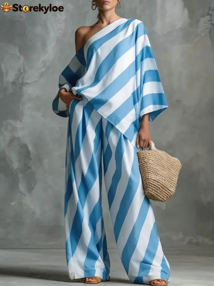 Striped Asymmetric Top & Wide-Leg Pants Set - Light blue / S