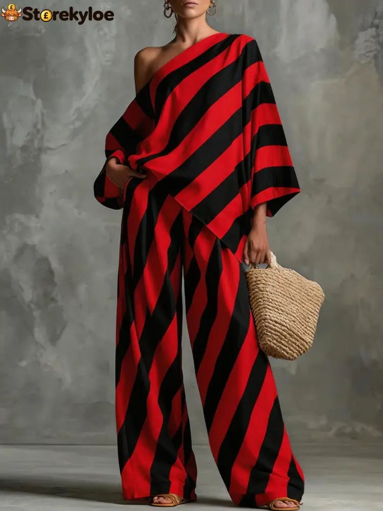 Striped Asymmetric Top & Wide-Leg Pants Set - Red / S