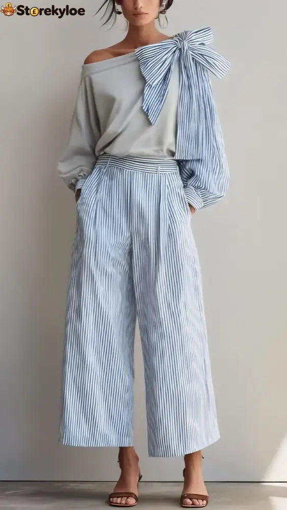 Striped Casual Elegant Straight Pants Women’S Suit - Light gray / S
