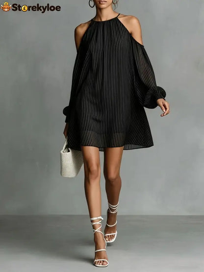 Striped Halter Cold-Shoulder Mini Dress - Black / S