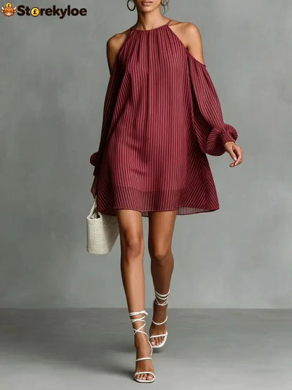 Striped Halter Cold-Shoulder Mini Dress - Burgundy / S