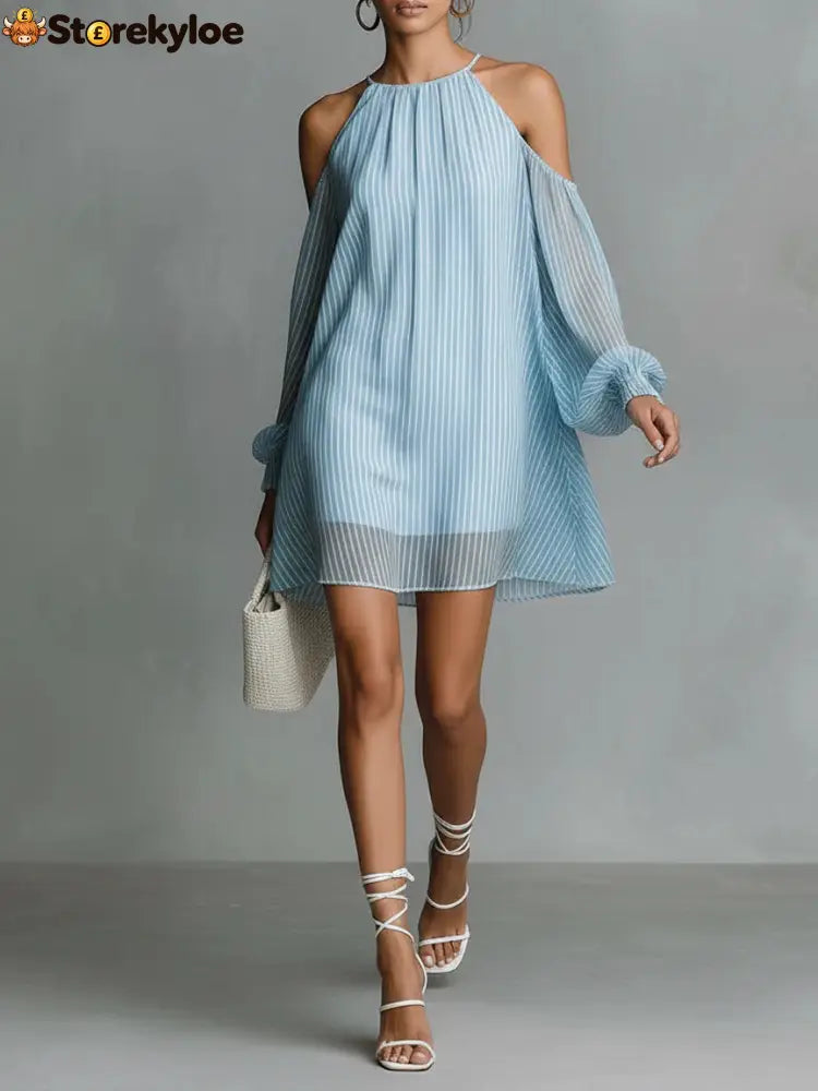 Striped Halter Cold-Shoulder Mini Dress - Light blue / S