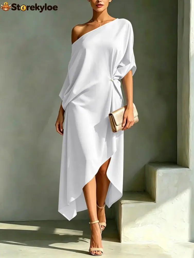 Stylish And Elegant Asymmetrical-hem Dress - White / S