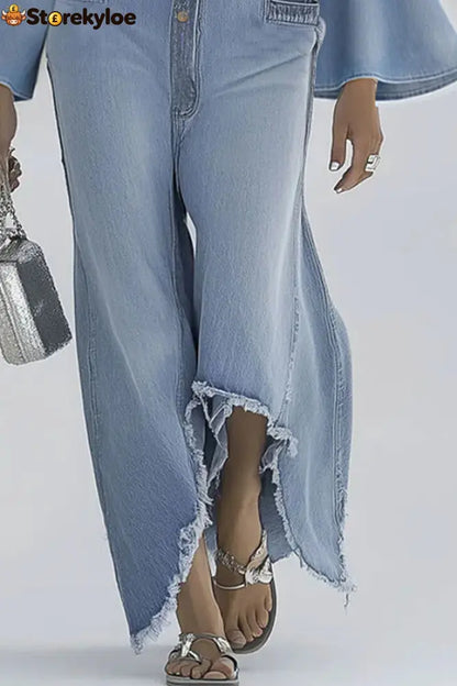 Stylish Bell Sleeves Single-breasted Casual Denim Jumpsuit