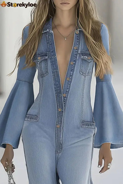 Stylish Bell Sleeves Single-breasted Casual Denim Jumpsuit