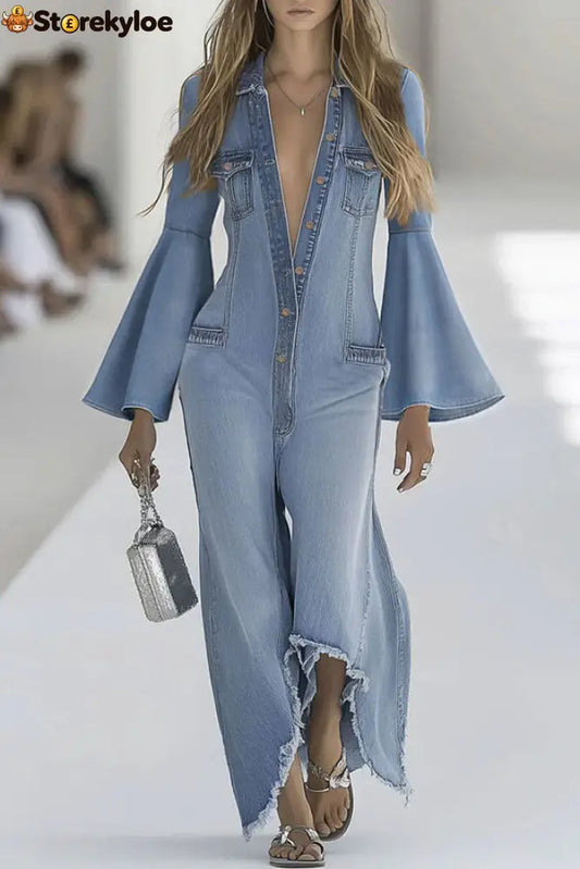 Stylish Bell Sleeves Single-breasted Casual Denim Jumpsuit - Blue / S