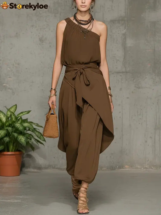 Stylish Casual Linen And Cotton One-shoulder Sleeveless Jumpsuit - Brown / S