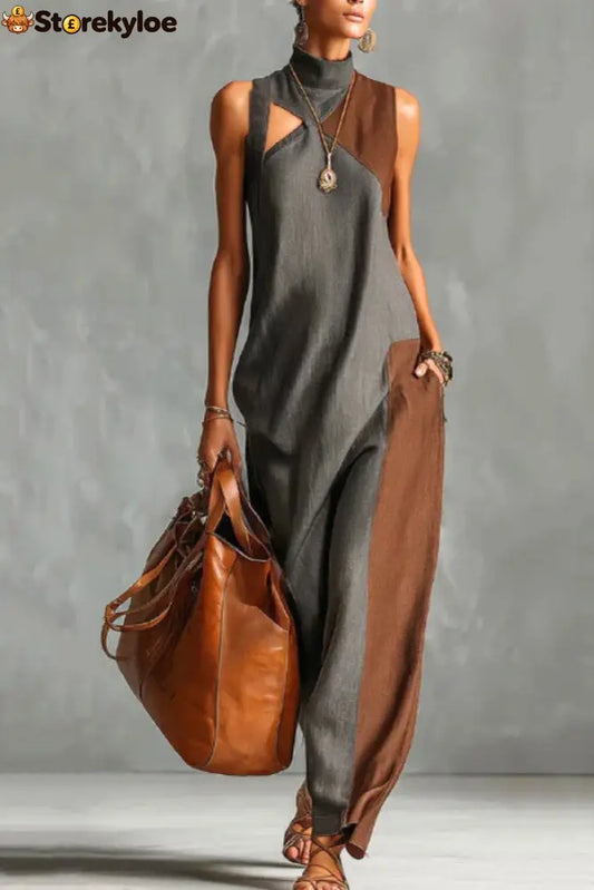Stylish Color-blocked High-neck Sleeveless Casual Pocket Maxi Dress - Ash / S