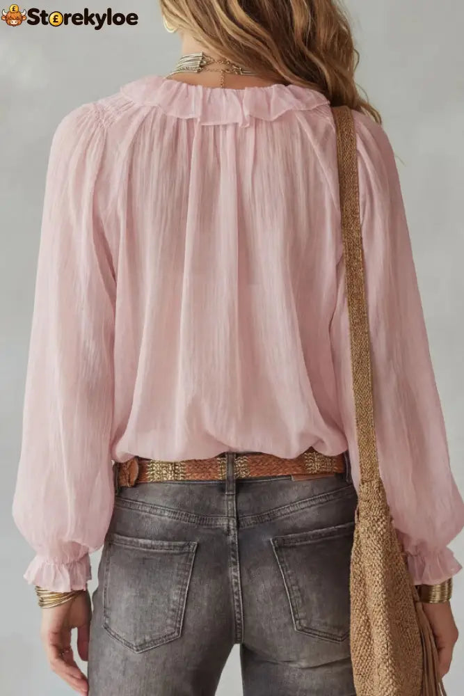 Stylish Long-sleeved V-neck Tie Loose Shirt Top