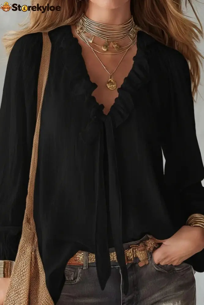 Stylish Long-sleeved V-neck Tie Loose Shirt Top - Black / S