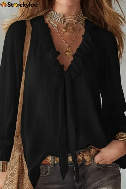 Stylish Long-sleeved V-neck Tie Loose Shirt Top - Black / S