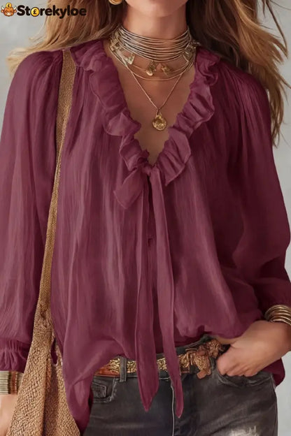 Stylish Long-sleeved V-neck Tie Loose Shirt Top - Burgundy / S