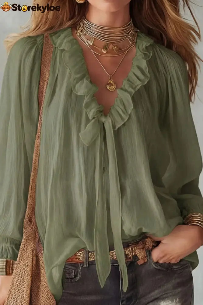 Stylish Long-sleeved V-neck Tie Loose Shirt Top - Green / S