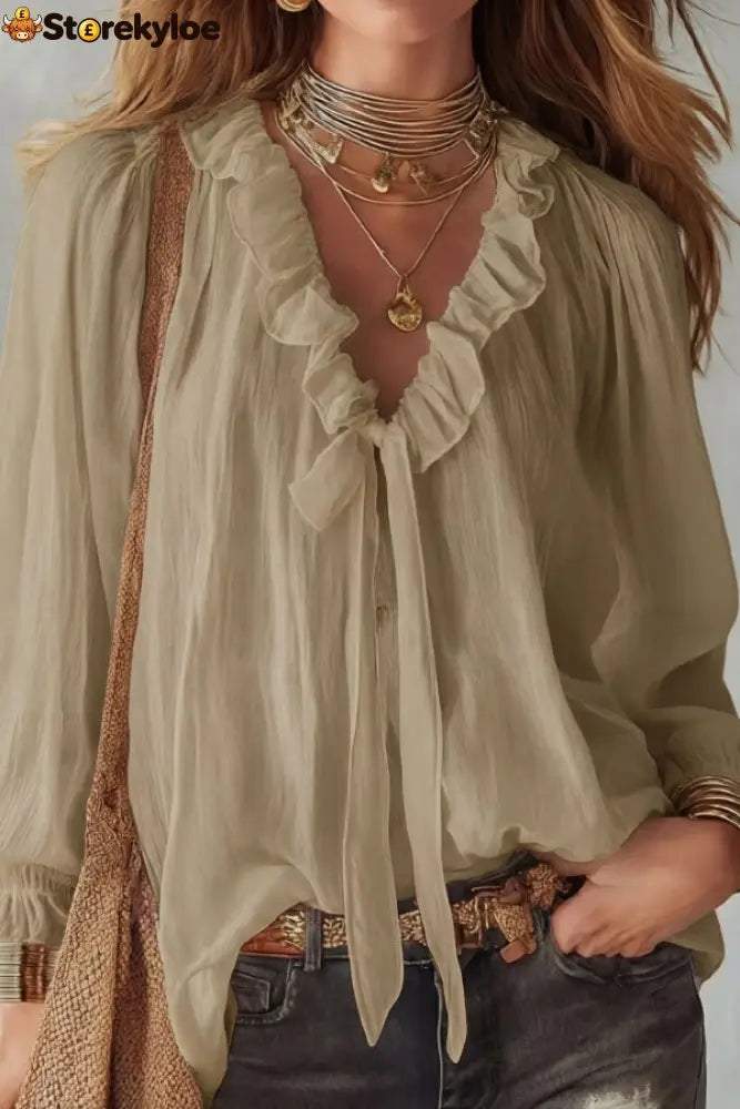 Stylish Long-sleeved V-neck Tie Loose Shirt Top - Khaki / S