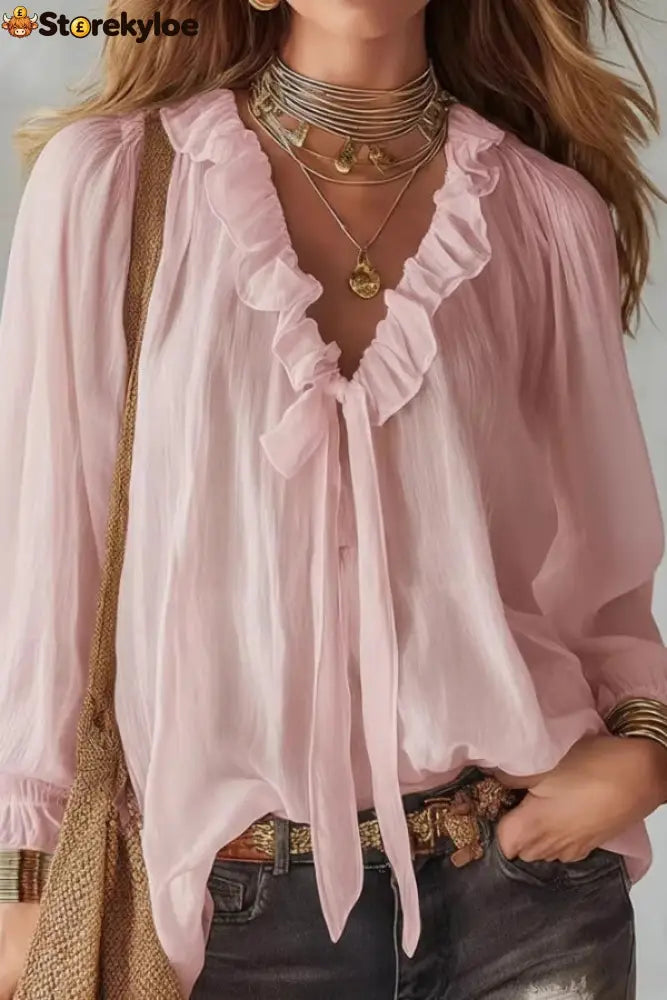 Stylish Long-sleeved V-neck Tie Loose Shirt Top - Pink / S