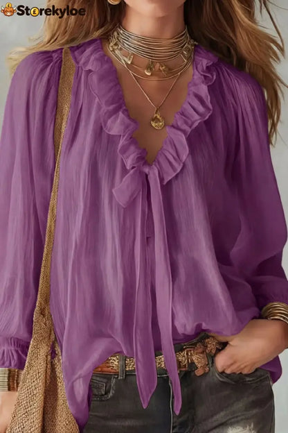 Stylish Long-sleeved V-neck Tie Loose Shirt Top - Purple / S