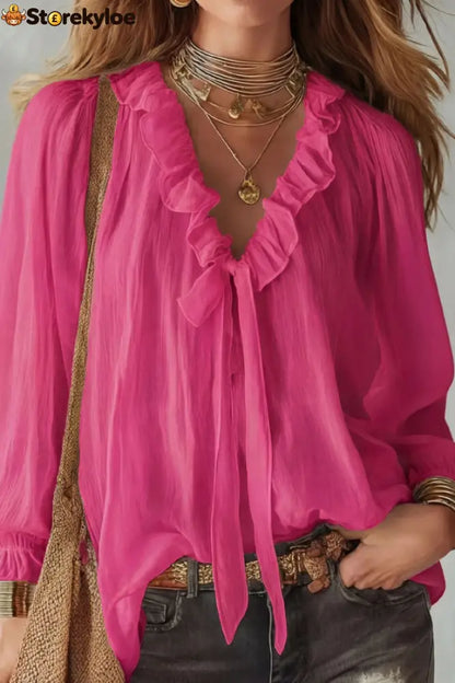 Stylish Long-sleeved V-neck Tie Loose Shirt Top - Rose red / S
