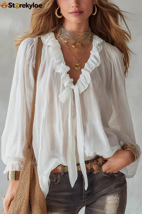Stylish Long-sleeved V-neck Tie Loose Shirt Top - White / S