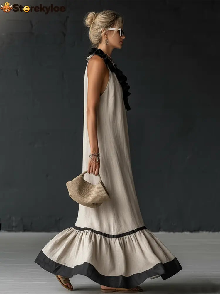 Stylish Simple Sleeveless Color-blocked Ruffled V-neck Cotton Linen Maxi Dress