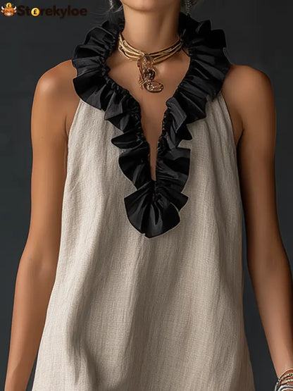Stylish Simple Sleeveless Color-blocked Ruffled V-neck Cotton Linen Maxi Dress