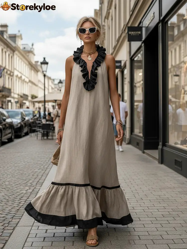Stylish Simple Sleeveless Color-blocked Ruffled V-neck Cotton Linen Maxi Dress
