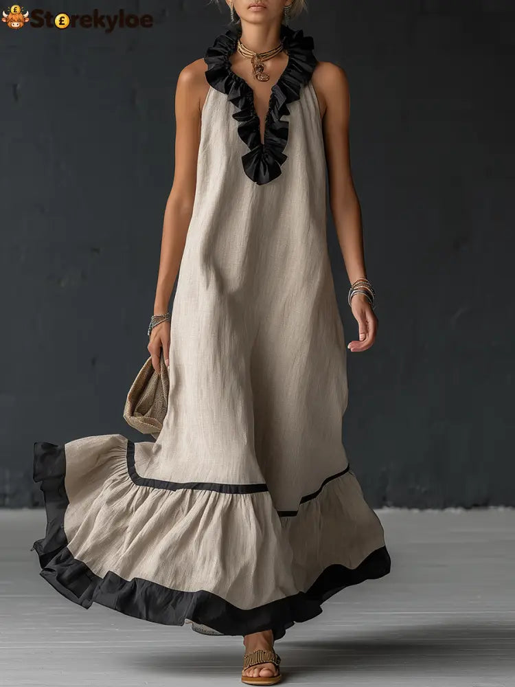 Stylish Simple Sleeveless Color-blocked Ruffled V-neck Cotton Linen Maxi Dress - Beige / S