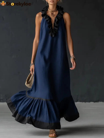 Stylish Simple Sleeveless Color-blocked Ruffled V-neck Cotton Linen Maxi Dress - Navy / S